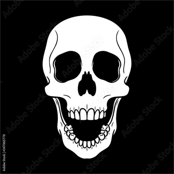 Fototapeta laughing skull with open mouth against black background. vector illustration, comic, isolated, horror.
