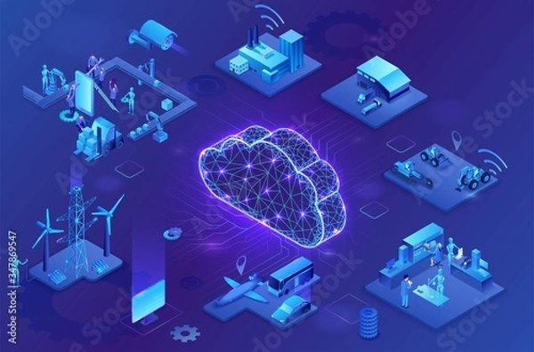 Fototapeta Industrial internet of things  infographic illustration, blue neon concept with factory, electric power station, globe 3d isometric icon, smart transport system, mining machines, data protection