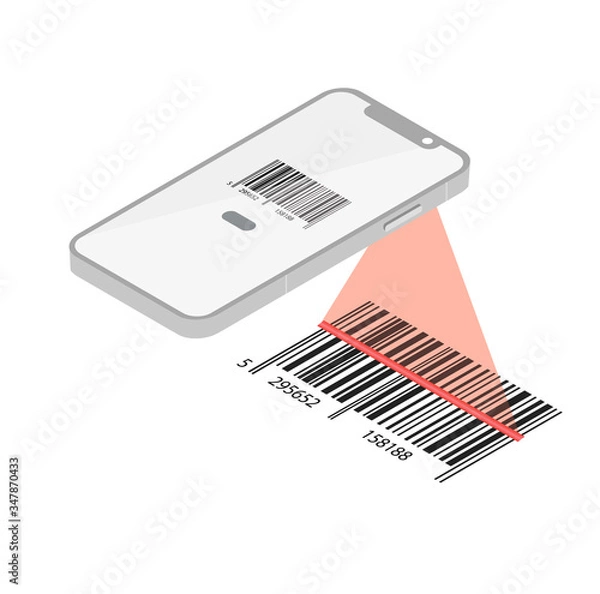 Obraz Barcode Verification Concept. Mobile phone with a scanner reads the Barcode. Machine-readable barcode on smartphone screen. Vector  illustration 