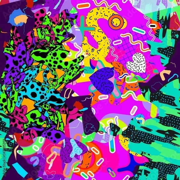 Fototapeta Abstract fun color pattern cartoon texture for doodle geometric background. Seamless ornament of amphibian frogs, butterflies, figures, circle, memphis, patchwork. Printing clothes for boys, girls.