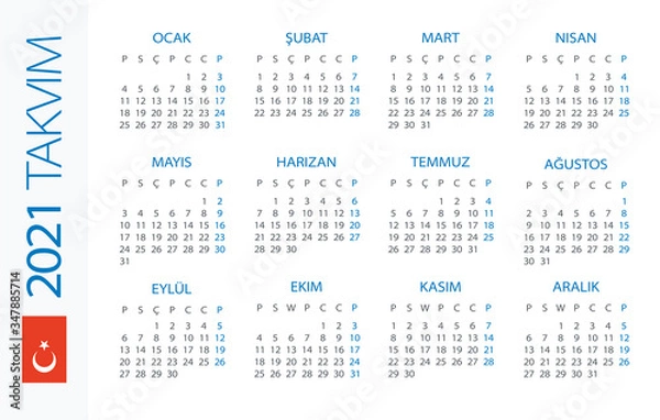 Fototapeta Calendar 2021 Horizontal - illustration. Turkish version