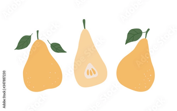 Fototapeta Flat cartoon pear set isolated on white background. Vector tropical fruit for print, textile, wrapping paper and decoration design. Simple vegetarian healthy food illustration. Healthy fresh nutrition