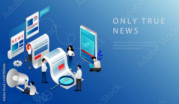 Fototapeta Isometric 3D Concept Of Breaking Latest News. Website Landing Page. News Update, Online News. People Publishing True News Based On Information From Reporters. Web Page Cartoon Vector Illustration
