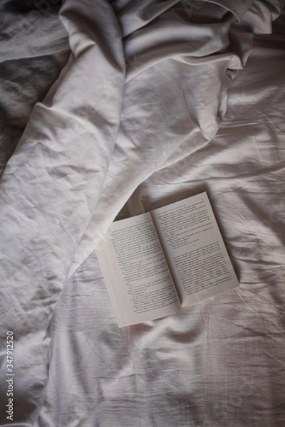 Obraz open book, linen, open, home, relax, soft, lifestyle, relaxation, still life, modern, one book, isolated, books isolated, book, bed, texture, copy space, coziness, text, top view, literature, inspire 