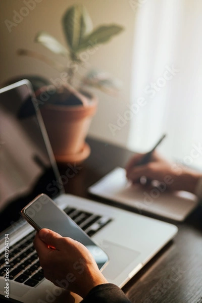Fototapeta office worker browsing phone and laptop indoors. businessman using phone and laptop in office workspace with plant background. Black screen gadgets. Handwriting notes during work day