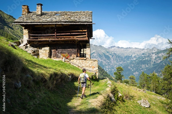 Obraz Trekking in the Alps in a beautiful sunny day on a panoramic footpath with ancient traditional Walser house. Aosta Valley, Italy