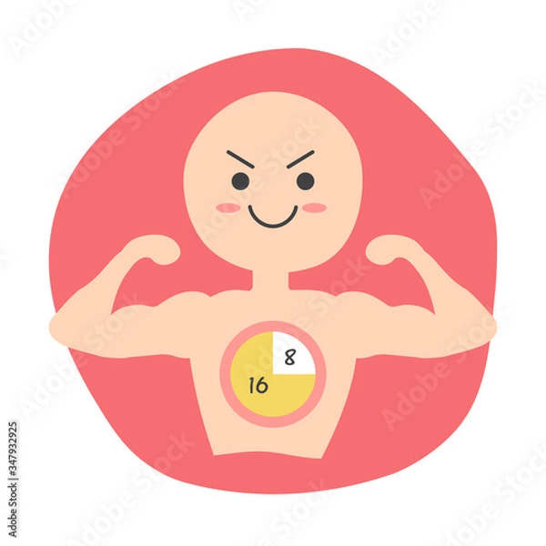 Fototapeta Cute cartoon of human is flex muscle during intermittent fasting 16/8. Concept of fasting diet.