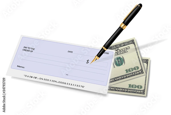 Obraz Check, pen and dollars. Vector illustration.