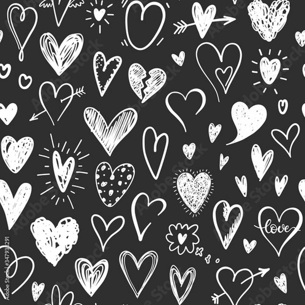 Fototapeta Love pattern with hand drawn doodle hearts. Valentines Day design