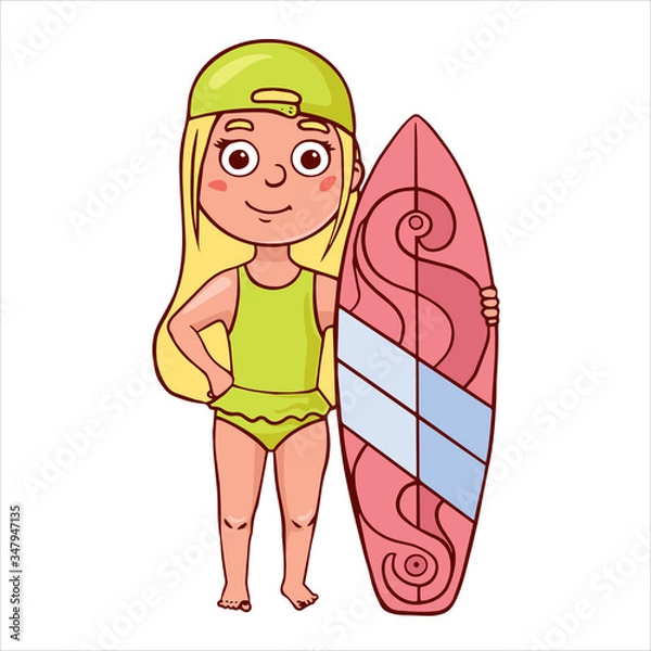 Obraz  Doodle sketch illustration of a girl in a green swimsuit with a surfboard. Illustration baby 