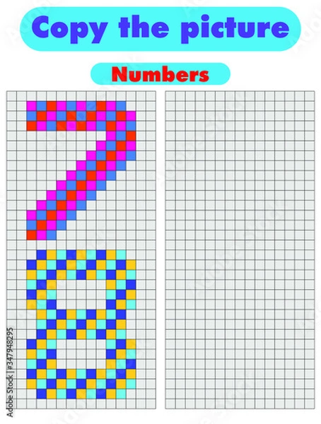 Fototapeta Copy the picture. Draw the numbers using the grid. Color by example.  Educational game for children with learning numbers and symmetry. Worksheet for kids. Stock vector illustration.