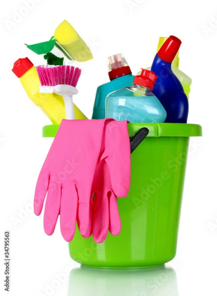 Fototapeta detergent bottles, brushes and gloves in bucket