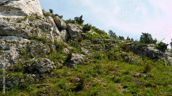 Fototapeta View of the Sokolich Mountains Reserve and rock stones in Olsztyn. A free space for an inscription