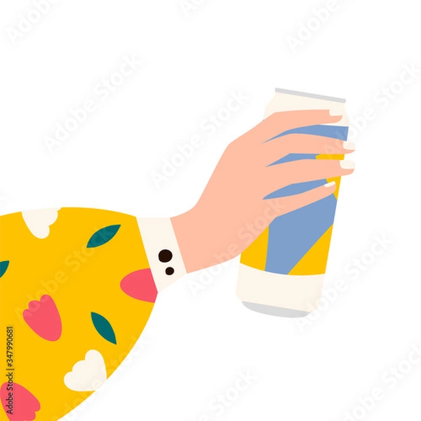 Fototapeta Female hand holding jar of beer. Woman's hans in bright clothes with memphis pattern holding cider jar. Alcohol drink. Concept of beer lover. Side view. Flat vector illustration