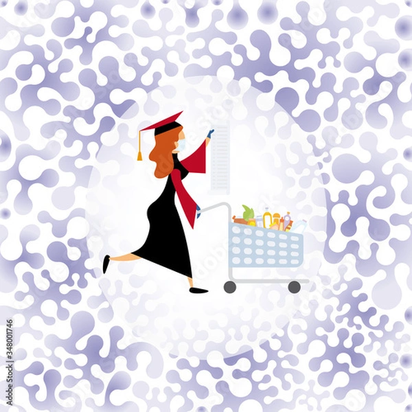 Fototapeta A student girl wearing  medical mask and rubber gloves pushes shopping cart and looking at the paper shopping lists. Shopping during pandemic. Symbolic seamless background of dangerous environment of 