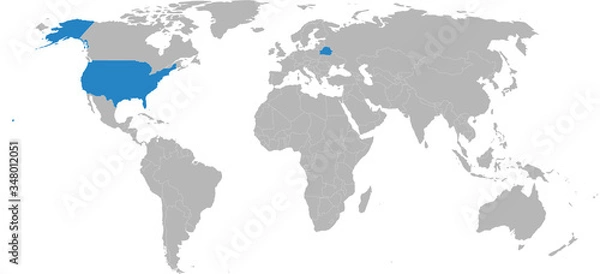 Fototapeta Belarus, USA map highlighted on world map. Light gray background. Business concepts, diplomatic, trade and transport relations.