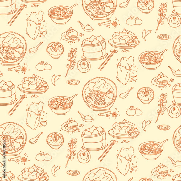 Obraz Hand draw background design for Taiwan's street foods. the seamless pattern design. Line clip art vector resource. include Beef Noodles, Intestine and Oyster Vermicelli, Stinky Tofu and Chicken Cutlet