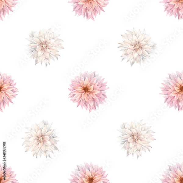 Fototapeta Beautiful vector floral summer seamless pattern with watercolor pink chrysanthemum flowers. Stock illustration.