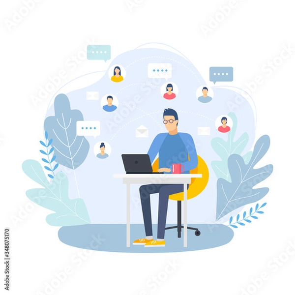 Obraz A guy with glasses sits at a laptop. People communications. Social media network connection concept. Male working with her PC.