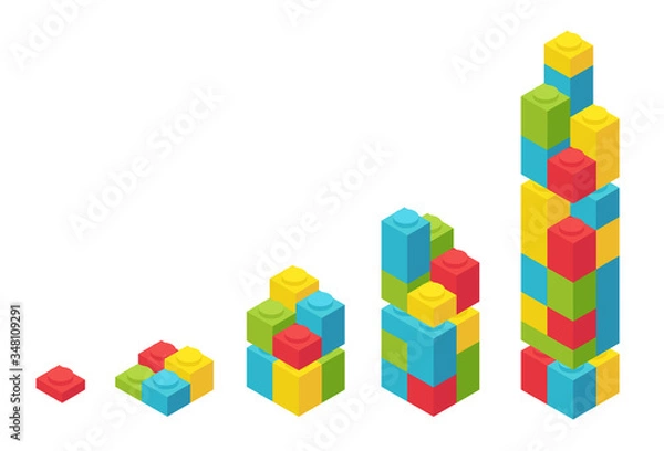 Fototapeta Colour plastic bricks. Size construction process stages. Building blocks for children construction kits. Development stage. Animation progression. Vector isometric infographic.