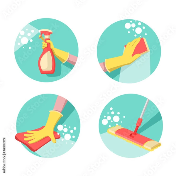 Obraz Cleaning and disinfection - mopping, sponging, dusting and spraying. Set of cartoon vector illustrations.