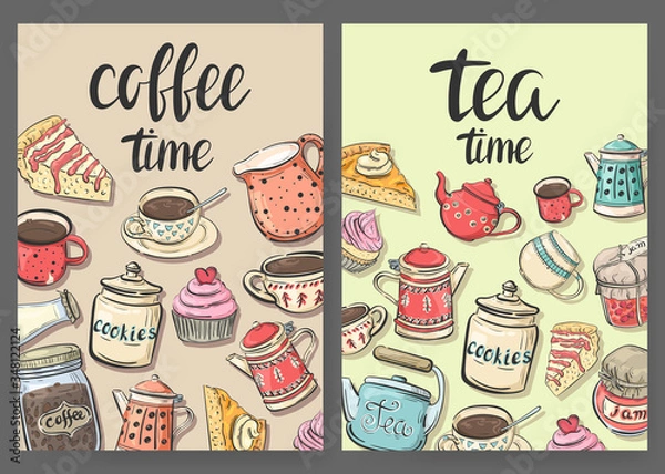 Fototapeta Tea Time / Coffee Time. Two flyers with cups, teapots and sweets