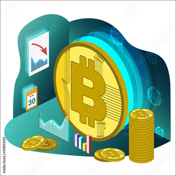 Fototapeta Huge Bitcoin coin and small coins, decline chart, Japanese candles. Isometric. Vector illustration. White Isolated.