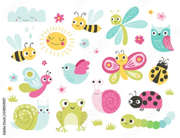 Obraz Cute bugs and animals character set. Funny cartoon insects, butterfly, bee, frog, owl, snail, ladybug. Garden, pond, meadow creatures. Spring and summer vector illustration for kids.