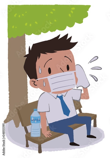 Obraz イラスト素材：木陰で休憩するマスクをつけたビジネスマンと太陽　熱中症