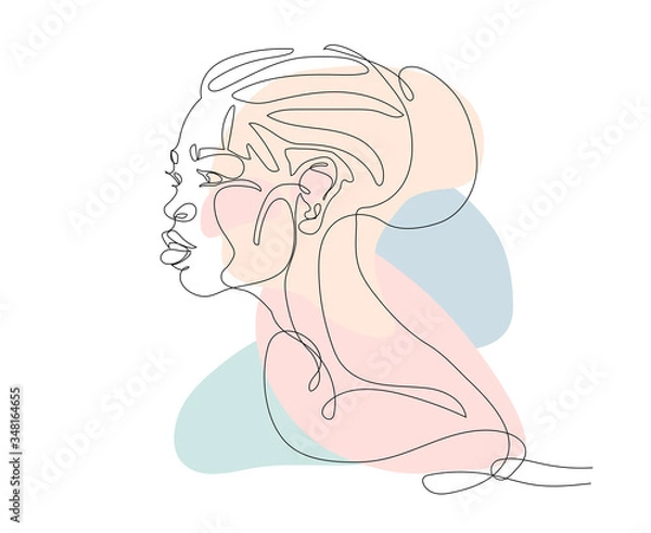 Fototapeta head of cute beautiful asian girl with abstract pastel color spots, for logo, posters, cards, vector illustration with black contour lines isolated on white background in one line drawing style