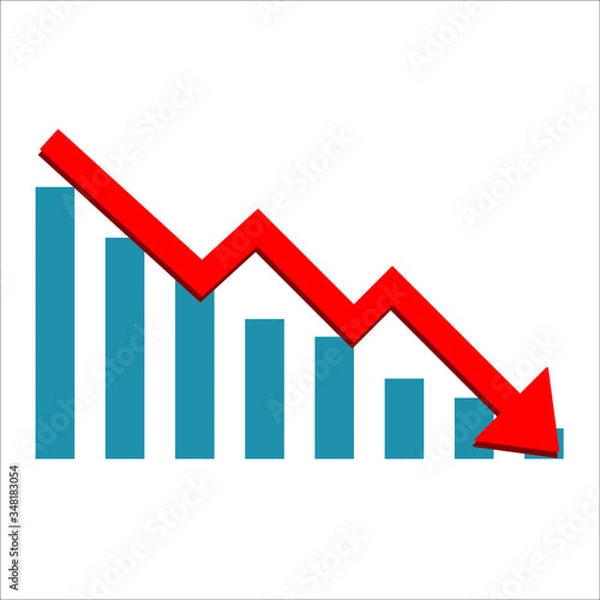 Fototapeta Vector diagram with the red arrow going down. Vector icon isolated on white background. Business failed symbol