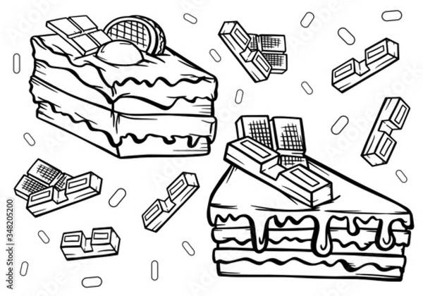 Fototapeta set of chocolate cakes with cream sweets desserts confectionery delicacy graphics outline sketch doodle vector illustration print