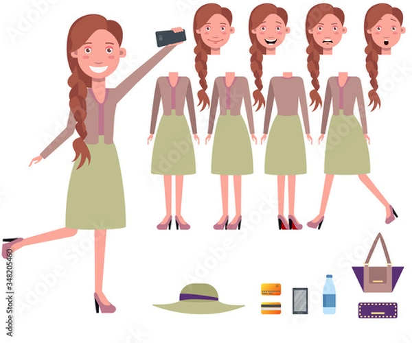Fototapeta Stylish woman taking selfie character set with different poses, emotions, gestures. Parts of body, bag, water, smartphone, credit cards. Can be used for topics like lifestyle, fashion, lady