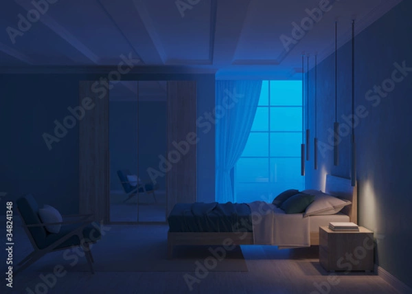 Fototapeta Modern bedroom interior with blue walls. Night. Evening lighting. 3D rendering.