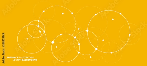 Fototapeta Abstract vector illustration with overlapping circles, dots and dashed circles. Science and connection concept. Wide molecule structure background.