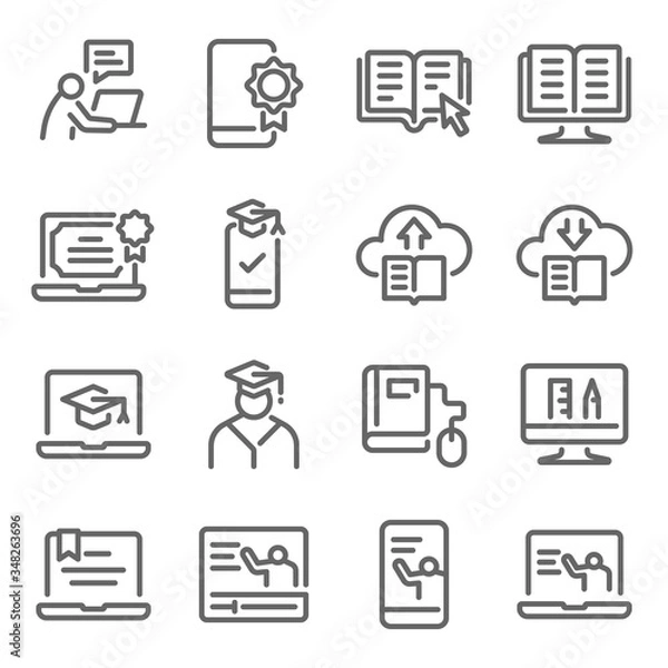 Obraz Online education icon set vector illustration. Contains such icon as e-learning, Graduate, Social distancing, Tutorial, Training, e-Book online, and more. Expanded Stroke