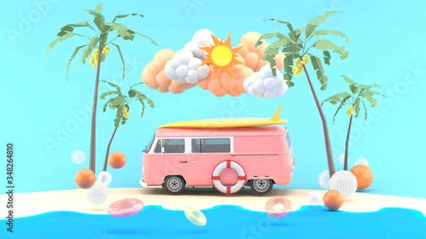 Fototapeta Vans and server boards among the coconut trees, the sea and the sky on the blue background.-3d rendering.