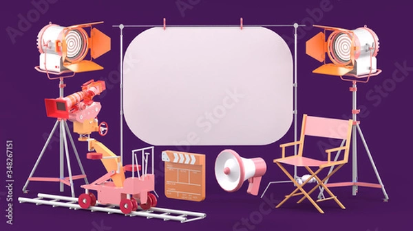 Fototapeta The white screen is surrounded by a movie camera, a spot light, a chair and a megaphone on a purple studio.-3d rendering..