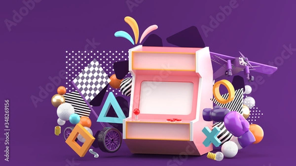 Fototapeta Game cabinet surrounded by wheels, boxing gloves And aircraft On a purple background.-3d rendering..