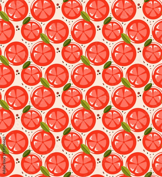 Fototapeta Red tomato slices in a delicious salad or pizza. Seamless pattern. Vector flat graphics. Fresh agricultural products. Vegetarian menu.