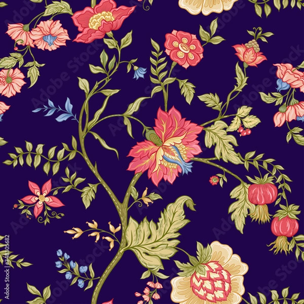 Fototapeta Seamless pattern with stylized ornamental flowers in retro, vintage style. Jacobin embroidery. Colored vector illustration on blue background.