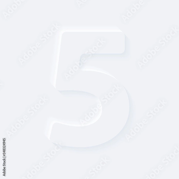 Obraz Vector button letter of alphabet number 5. Bright white gradient neumorphic effect character type icon. Internet gray symbol isolated on a background.
