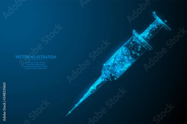 Fototapeta Medical syringe injection with needle injection medicine close up. The concept of antibiotics, vaccines. Innovative medicine and technology. 3d low poly wireframe vector illustration.