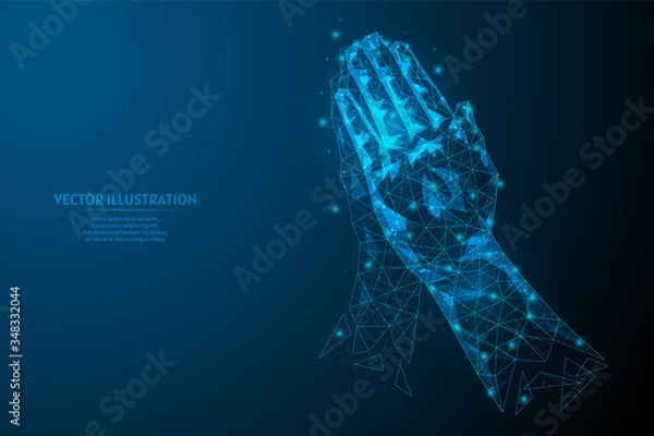 Fototapeta Close-up hands of a man pressed palm to each other. Prayer pose. Concept of religion, faith, yoga, help. Greeting with a gesture of namaste. 3d low poly wireframe model vector illustration.