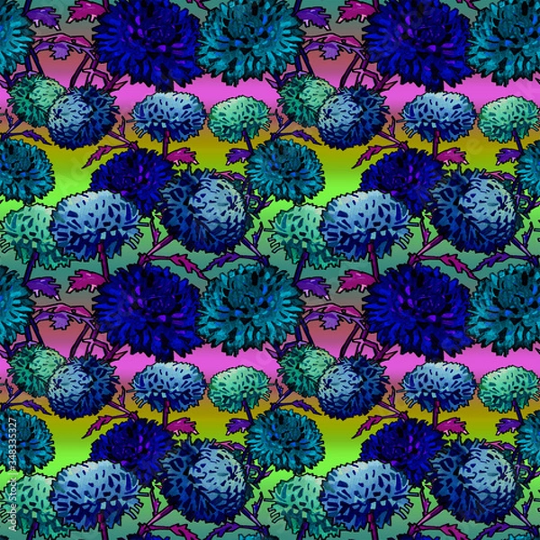 Obraz seamless pattern chrysanthemum flowers blue cyan
