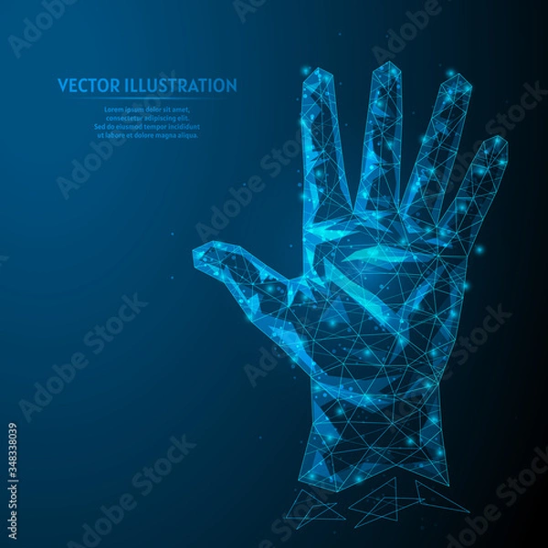 Fototapeta Man's hand shows five fingers close-up. Palm and fingers. Business concept. Innovative technology. 3d low poly wireframe model vector illustration.