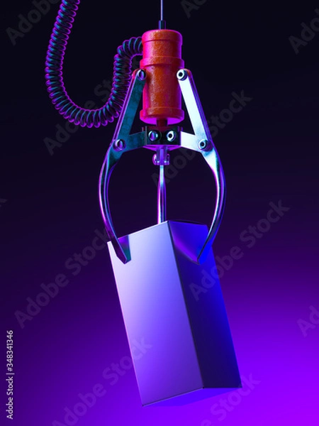 Fototapeta Machine Robotic Claw takes Dark Box on Violet Gradient Background. Crane Game. Winner. Symbol of Risk. 3d Rendering
