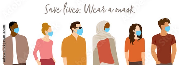 Fototapeta  "Save Lives" COVID-19 concept - group of people wearing protective face masks to stop spread of coronavirus Flat style vector illustration