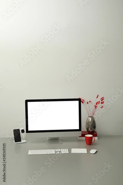 Obraz Modern workplace with computer and charging devices. Interior design