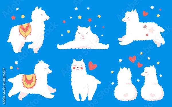 Obraz Llama or alpaca set. Funny flat cartoon character, smiling animal. Cute white children llamas with hearts and stars. Isolated on blue background, vector illustration